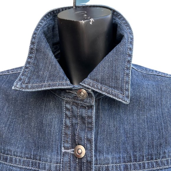 Chico's Denim Jeans Jacket Beading Dark Wash Button Front Short Sleeve Blue 2 - Picture 4 of 11